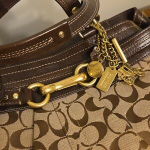 Coach Brown Signature Canvas Shoulder Tote with Leather Trim